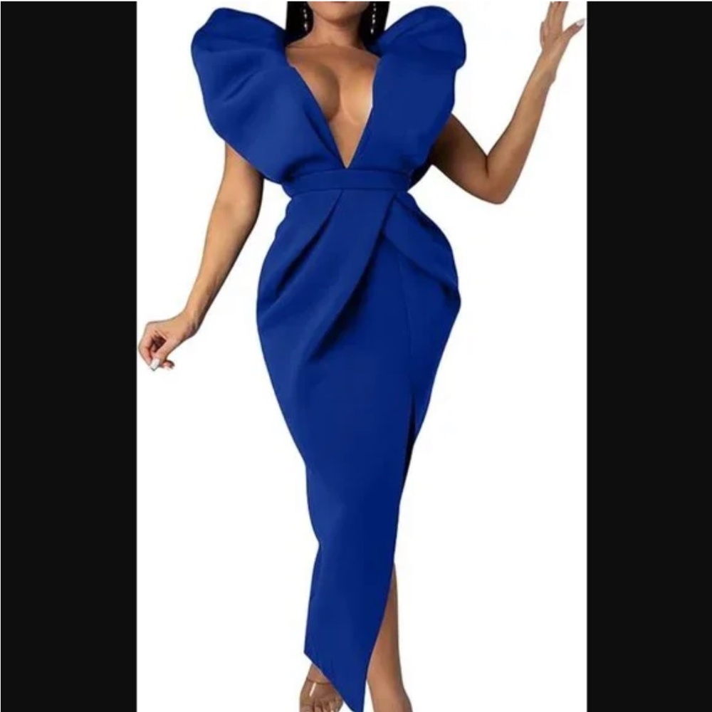 Memoriesea Women's Sexy Deep V Neck Puff Sleeve Side Split Ruched Backless Gown